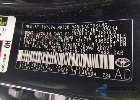 2014 Toyota Corolla S Plus z USA, uszkodzony, nr VIN 2T1BURHEXEC197421